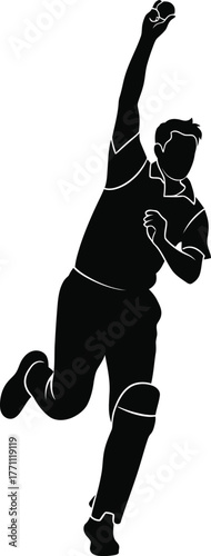 Silhouette of a cricketer in mid bowling action