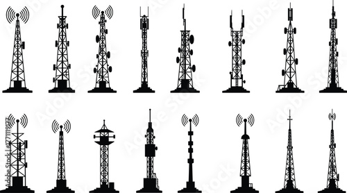 Communication towers, telecommunication masts, signal antennas, satellite dishes, broadcasting towers, mobile network infrastructure, wireless technology, 