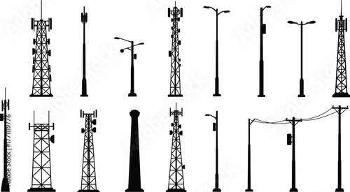 Communication towers, utility poles, cell towers, streetlights, power lines, telecommunication infrastructure, urban utilities, electricity distribution, wireless technology, industrial 