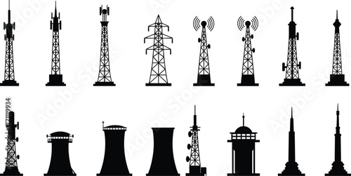 Communication towers, transmission towers, radio towers, cooling towers, observation towers, skyscrapers, industrial chimneys, power infrastructure, urban architecture, 