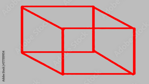 Red outline of a rectangular prism with visible edges on a gray background