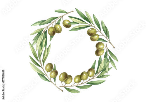 Olive branch wreath with green olives isolated on transparent background, watercolor style. Elegant olive branch wreath with green olives artistic design for mediterranean themes