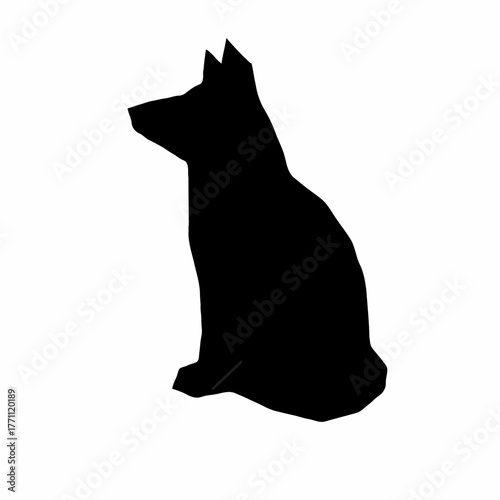 A silhouette of a seated dog with pointed ears and a defined snout in black color