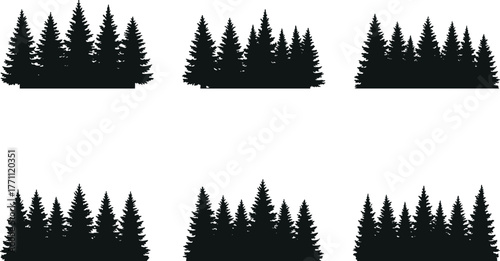 Coniferous tree cluster silhouette collection, evergreen forest vector set, woodland nature design, decorative pine artwork, black flat cad illustration
