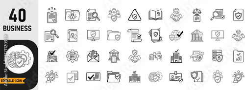 Business line icon set. Including Strategy, Growth, Finance, Leadership, Innovation, Partnership, Analysis, Management, Networking, Success. Line art vector illustration