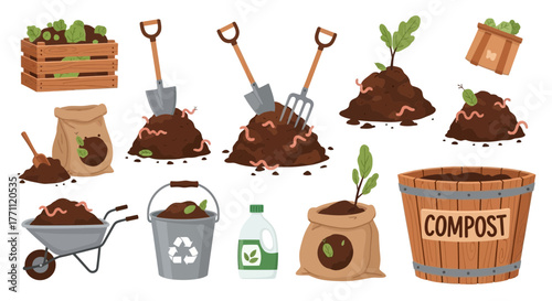 Illustration of composting elements including soil piles with worms, shovel, pitchfork, plants, compost bin, fertilizer, wheelbarrow, and wooden crate.