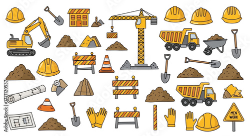 A collection of cartoon-style construction equipment and elements, including trucks, cranes, helmets, shovels, and building materials.