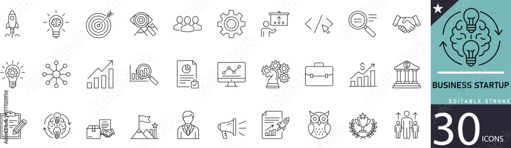 Fototapeta premium Minimal Business Startup Line Icon Set 30 Outline Symbols for Innovation, Growth, and Entrepreneurship Design