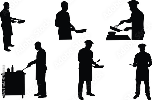 Cooking silhouettes, chefs with pans, people in aprons, frying food, kitchen activity, culinary lifestyle, black figures, professional cooking, home chef, meal preparation