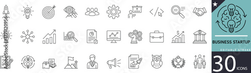  Minimal Business Startup Line Icon Set 30 Outline Symbols for Innovation, Growth, and Entrepreneurship Design