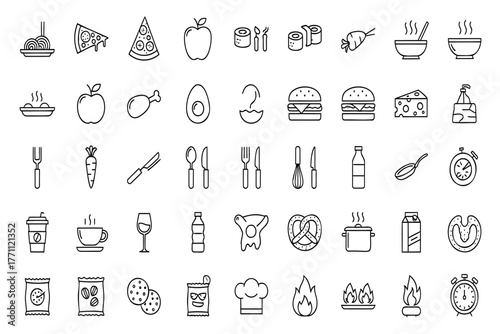 Diverse collection of simple food and drink icons for culinary projects and menus