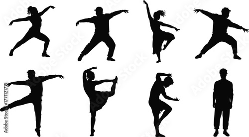 Dance silhouettes, expressive movement, people in motion, performance art, black figures, choreography poses, fitness lifestyle, cultural expression, stage activity, modern dance