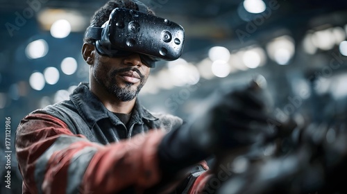 Worker uses virtual reality headset in an industrial setting for simulation and training