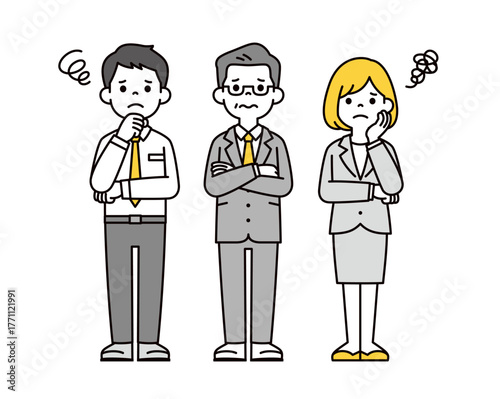 腕を組んで考える、複数のビジネスマンとビジネスウーマンの全身ベクターイラスト素材セット