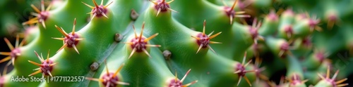Close-up of a vibrant green prickly pear cactus pad, showcasing its numerous spines and plump, succulent texture, botanical, flora, green