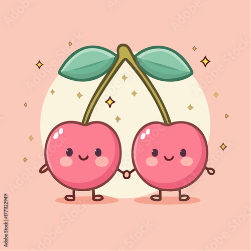 Two cute cartoon cherries holding hands with rosy cheeks and sparkling eyes, set against a soft pink background with a circular halo.