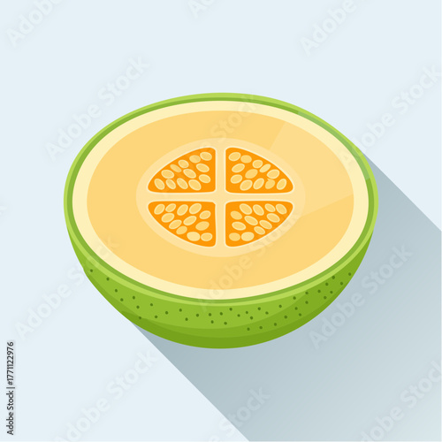 A cross-section of a ripe cantaloupe melon, showcasing the juicy orange flesh and seeds.