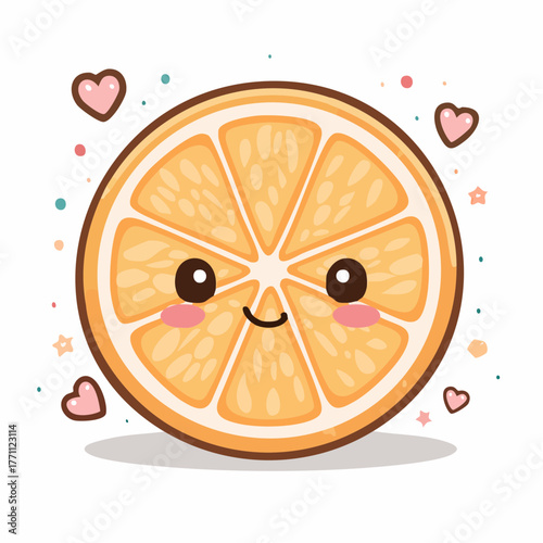 A cute kawaii orange slice with a smiling face, blushing cheeks, and surrounded by little hearts and sparkles.