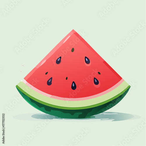 A vibrant, juicy slice of watermelon with black seeds and a green rind, set against a light green background.