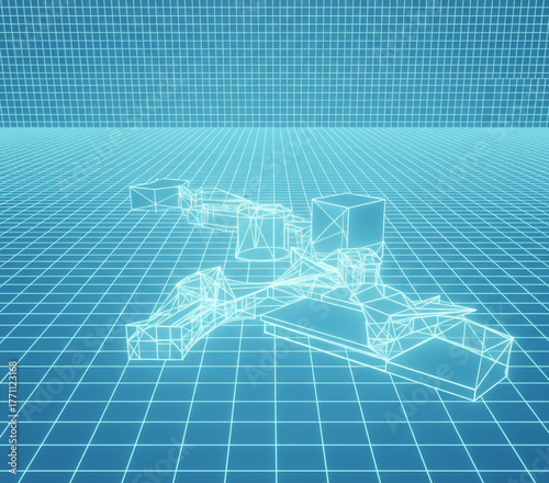 Digital rendering of a complex engineering project as a glowing wireframe model on a futuristic cyberspace grid