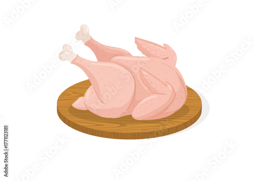 Raw whole chicken meat on a wooden cutting mat stock illustration