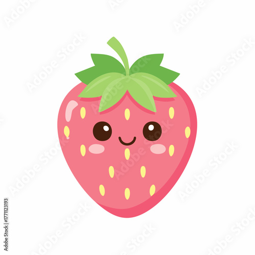 A cute and happy cartoon strawberry with a smiling face and rosy cheeks, isolated on a white background.