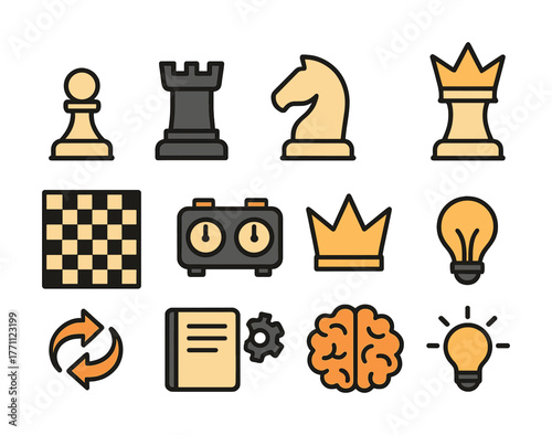 Chess icon set: pieces, board, clock, brain, and creative symbols in vector style