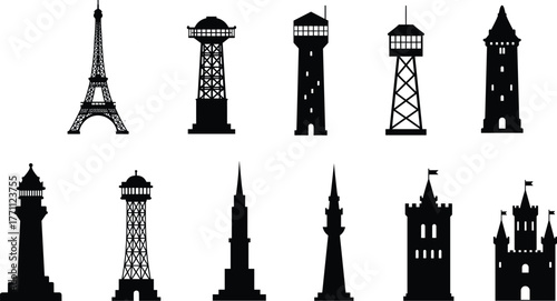 Eiffel Tower silhouette, observation towers, lighthouses, castle towers, medieval fortresses, architectural landmarks, urban icons, heritage structures, architectural silhouettes, design elements