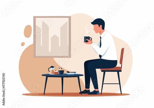 Man in shirt and tie seated on a chair, holding a steaming mug of coffee or tea, with a table and artwork in the background.