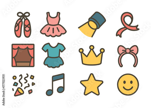 Colorful dance and theater icon set featuring ballet shoes, dress, and crown