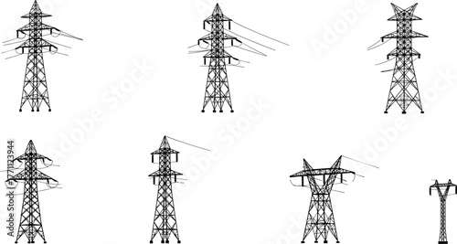 Electrical transmission towers, power pylons, high voltage lines, energy infrastructure, electricity grid, industrial engineering, utility structures, 