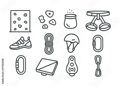 Rock climbing equipment icons: shoes, ropes, chalk, carabiners, harness, holds, helmet