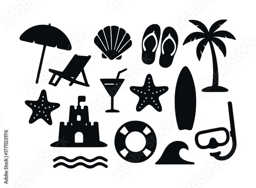 Beach vacation icons: umbrella, shell, surfboard, snorkel, palm, starfish, sandcastle, wave