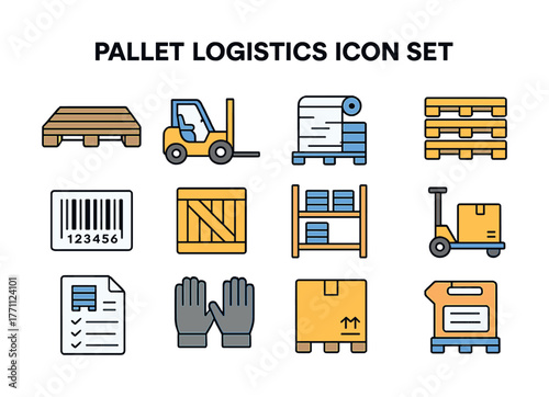 Colorful pallet logistics icon set featuring forklift and inventory symbols