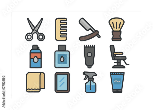 Barber tools set: scissors, comb, razor, brush, clippers, chair, and more