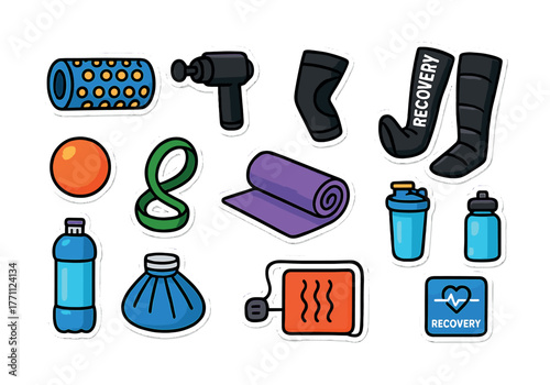 Recovery and fitness essentials: foam roller, massage gun, compression socks, water bottle