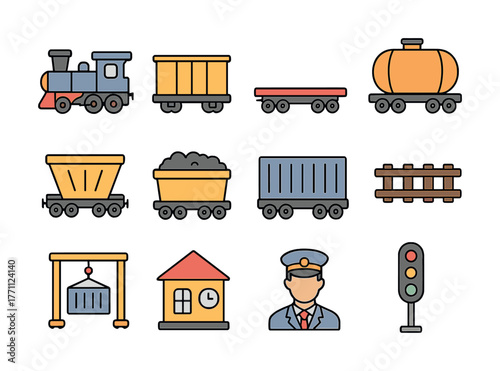 Colorful train icons set featuring locomotive, cargo, and signals
