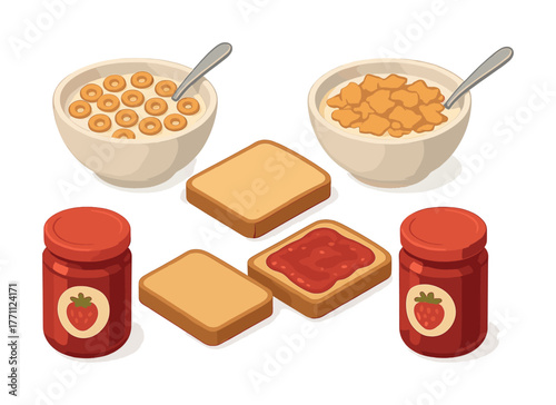 Bowls of cereal and toast with strawberry jam in a breakfast scene