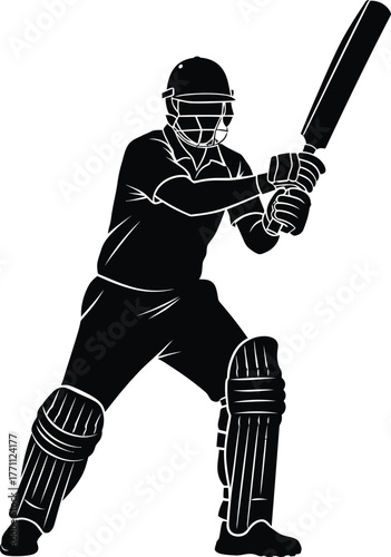 Silhouette of a cricket player batting in action