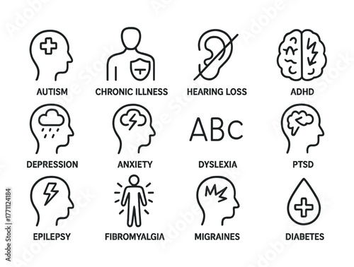Icons representing various health conditions and disabilities