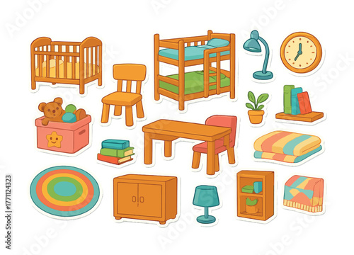 Colorful children's bedroom furniture set with bunk bed, crib, and accessories