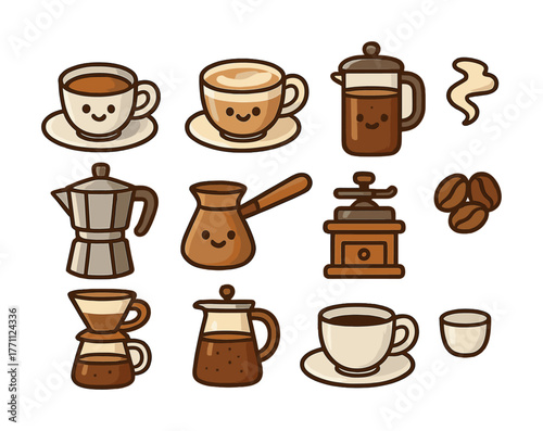 Cute coffee and tea utensils with smiling faces