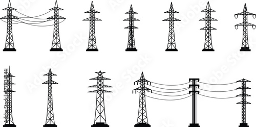 Electrical transmission towers, utility poles, power lines, high voltage pylons, electricity grid, energy infrastructure, industrial engineering, renewable energy, distribution system, technology