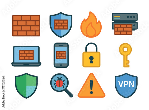 Cybersecurity icons: firewall, shield, lock, key, and vpn in technology design
