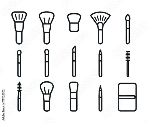 Set of fifteen outline makeup brushes and tools on white background