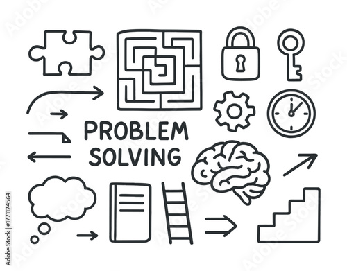 Problem solving elements: brain, puzzle, gear, maze, clock, lock, key, arrow