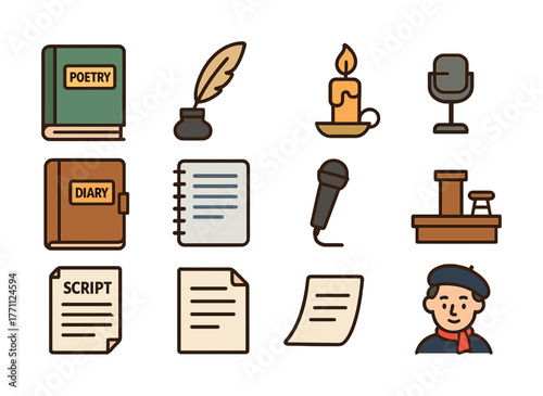Collection of writing tools and poet symbols featuring books and microphones