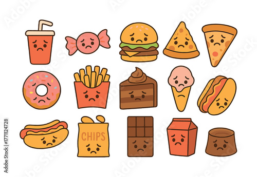 Cartoon sad fast food characters including burger and pizza on white background