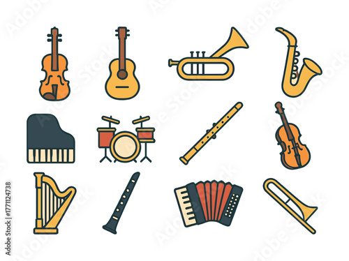 Colorful set of musical instruments including guitar, violin, trumpet, and piano