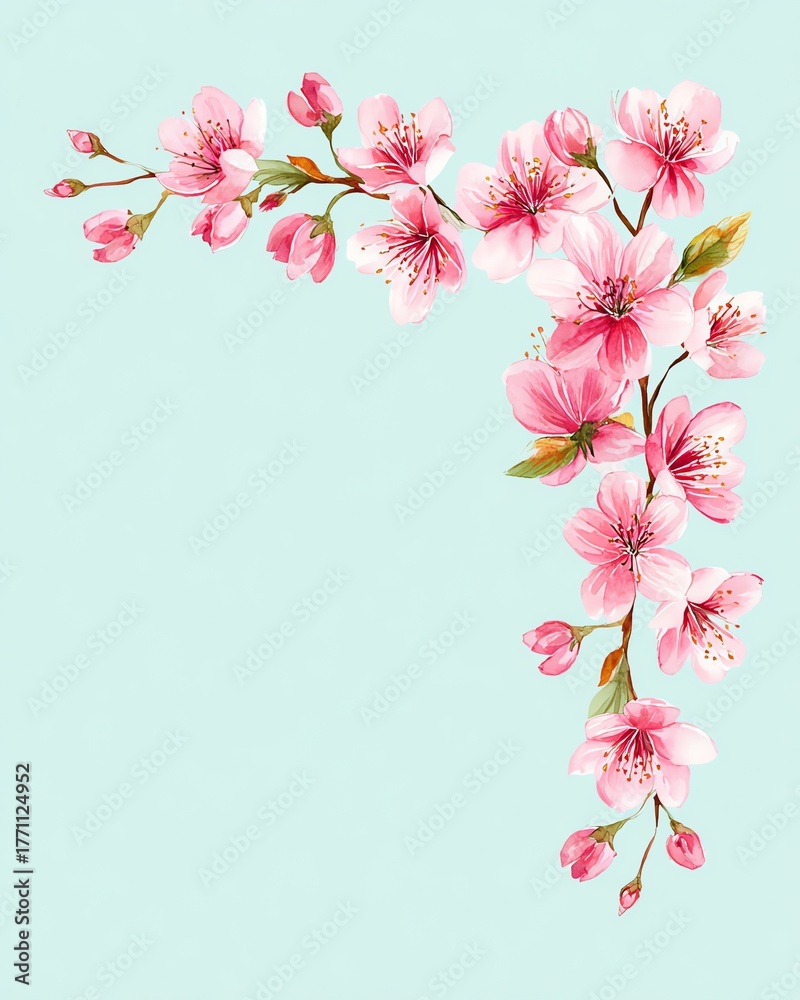 Naklejka premium watercolor cherry blossom corner frame on soft aqua
